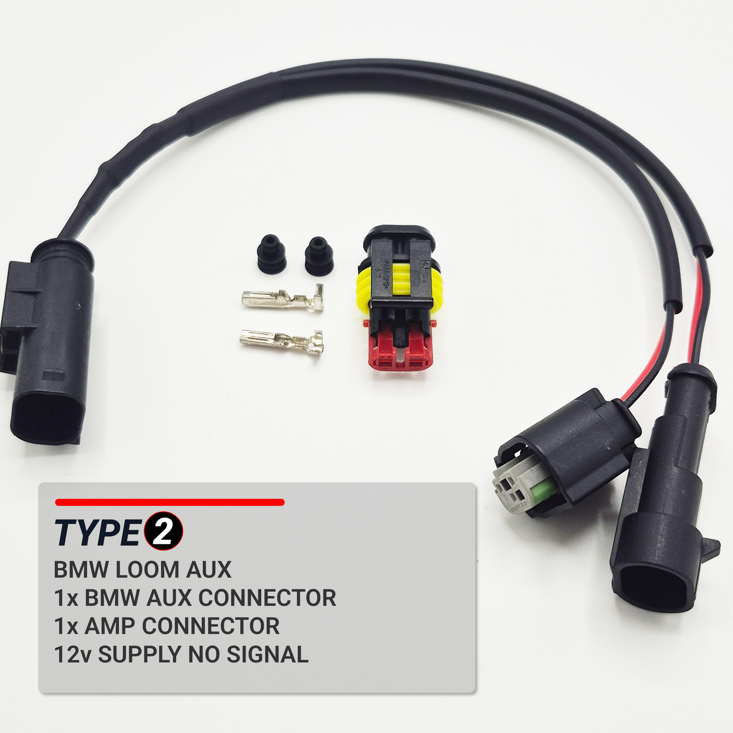BMW Auxiliary Power Y-Splitter Harness — 12V Single Ampseal Output and 12v BMW Output Type 2
