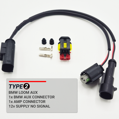 BMW Auxiliary Power Y-Splitter Harness — 12V Single Ampseal Output and 12v BMW Output Type 2