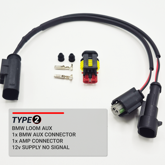 BMW Auxiliary Power Y-Splitter Harness — 12V Single Ampseal Output and 12v BMW Output Type 2